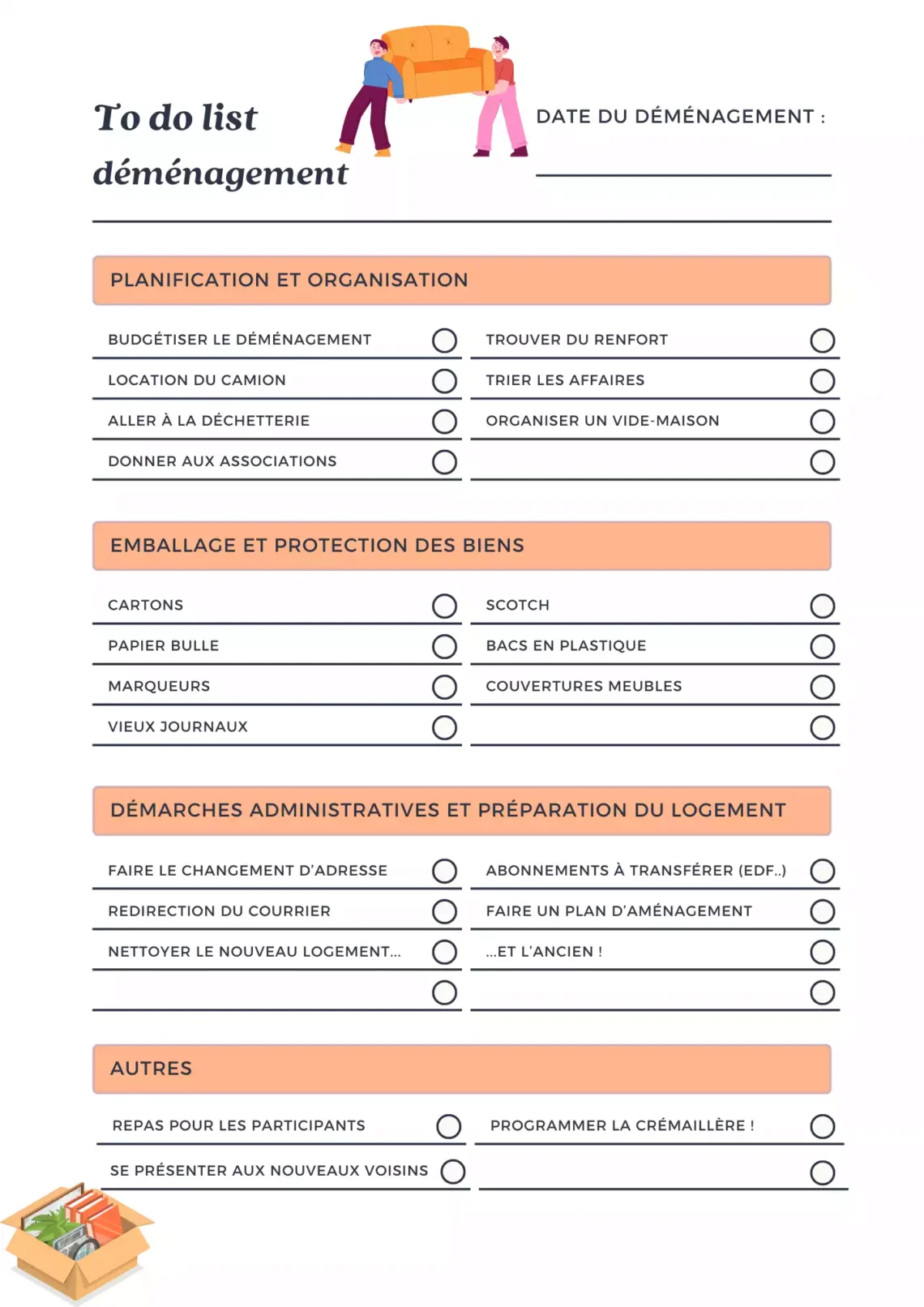 préparer un déménagement, la to do list déménagement, liste à imprimer déménagement