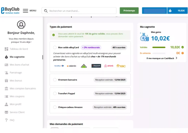 capture d'écran de la page paiement du site ebuyclub