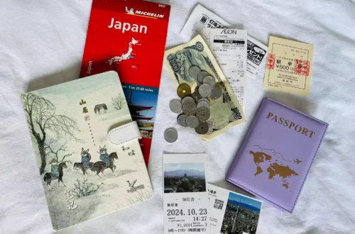 quel budget pour un voyage au Japon, photo flatlay avec un carnet de voyage, une carte du Japon, des yens, des tickets de caisse japonais, un passeport