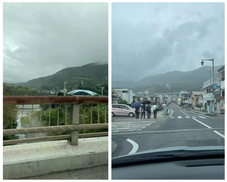 Conduire au Japon, à travers des paysages montagneux, et des petites villes.