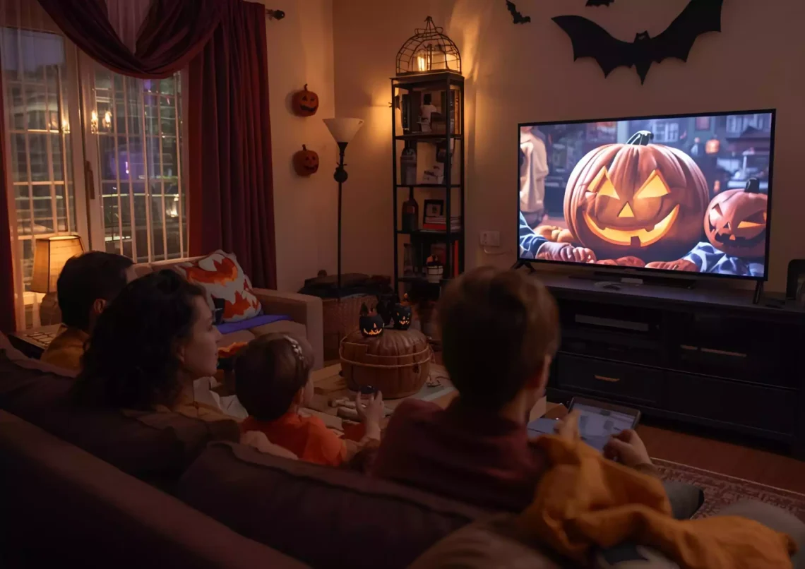 une famille en train de regarder des films d'halloween dans le canapé du salon, le salon est décoré de citrouilles d'halloween