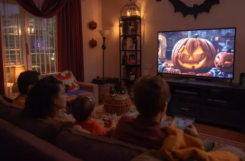 une famille en train de regarder des films d'halloween dans le canapé du salon, le salon est décoré de citrouilles d'halloween