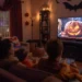 une famille en train de regarder des films d'halloween dans le canapé du salon, le salon est décoré de citrouilles d'halloween
